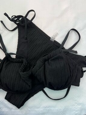 Textured Black High Waisted Bikini Strappy Cheeky Size XL
